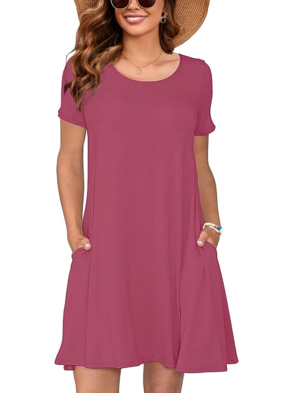 Women's Red Dresses Summer Short Sleeve Crewneck Swing Dress Casual T-Shirt